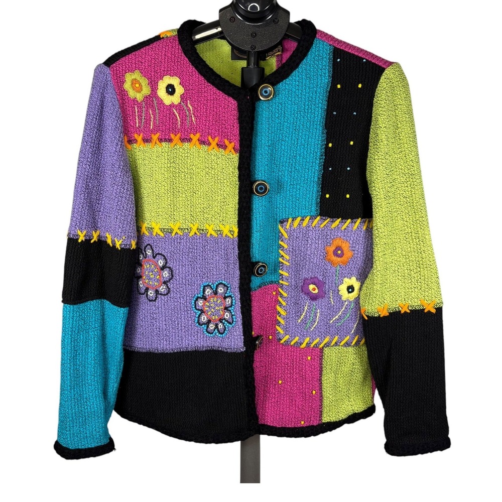Allure Womens Patchwork‎ Beaded Floral Cardigan Sweater Multi Color Size S